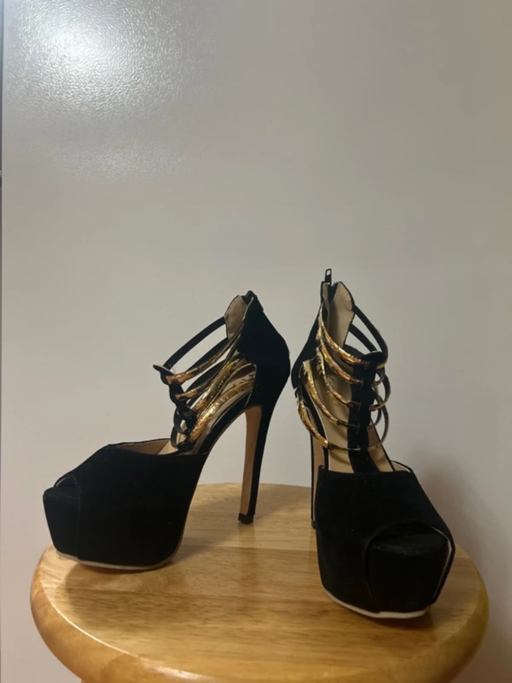 Black Suede Plus Size Peep Toe Stiletto Back Zipper Ankle Strap Heels Sz. 37